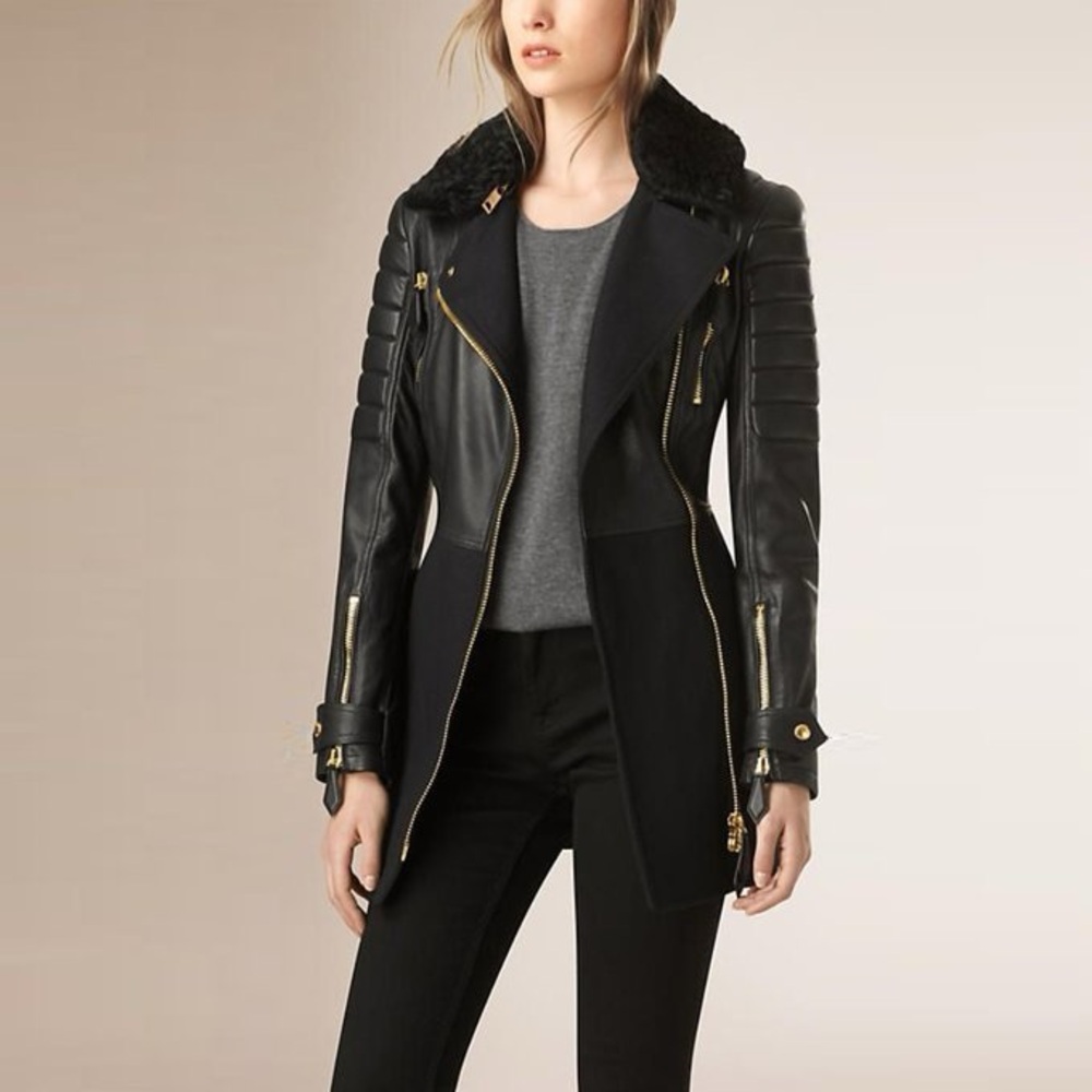 Burberry Brit Black Leather Moto Coat – Size 2/XS - Picture 3 of 13